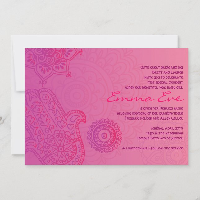 HAMSA HAND Purple Pink Baby Naming Invitation (Front)