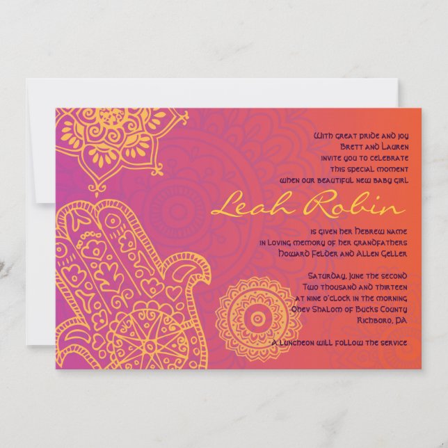 HAMSA HAND Red Orange Baby Naming Invitation (Front)