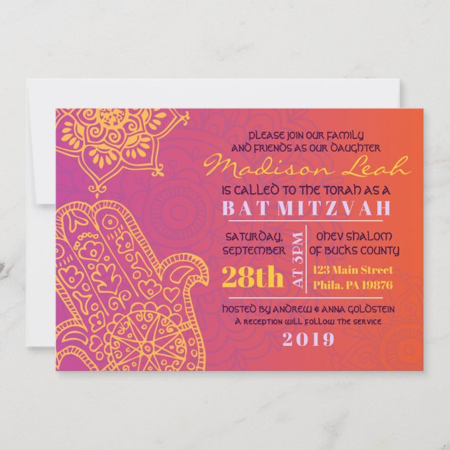 HAMSA HAND Red Orange Bat Mitzvah Invitation (Front)