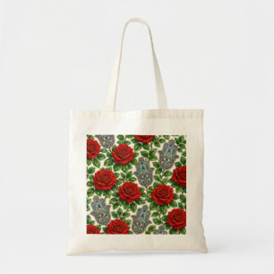 Hamsa Hand & Red Roses Evil Eye Botanical Pattern Tote Bag