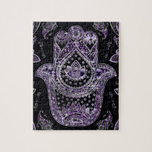 Hamsa Hand  - silver and amethyst Jigsaw Puzzle