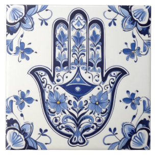 Hamsa Hand Symbol - Blue and White Hand of Fatima Ceramic Tile