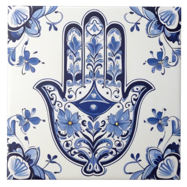 Hamsa Hand Symbol - Blue and White Hand of Fatima Ceramic Tile (Front)