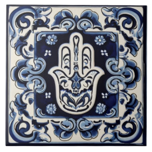 Hamsa Hand Symbol - Blue and White Hand of Fatima Ceramic Tile