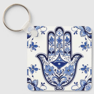 Hamsa Hand Symbol - Blue and White Hand of Fatima Key Ring