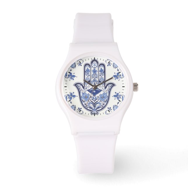 Hamsa Hand Symbol - Blue and White Hand of Fatima Watch (Front)