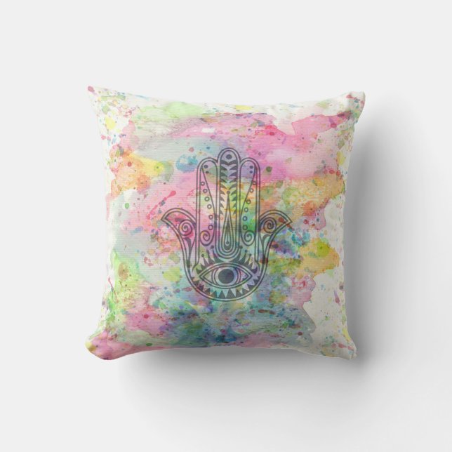 HAMSA Hand Symbol Colourful Watercolor Cushion (Front)