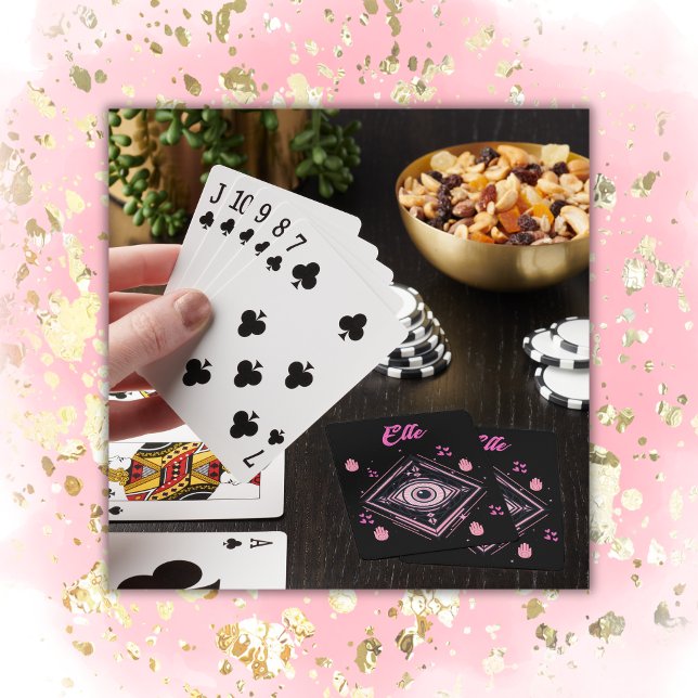 Hamsa Hand with Evil Eye and Hearts Pink on black Playing Cards (Creator Uploaded)