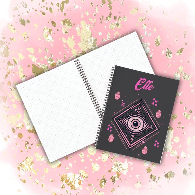 Hamsa Hand with Evil Eye and Hearts Pink on grey Notebook (Creator Uploaded)