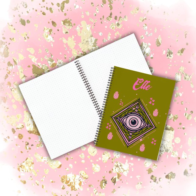 Hamsa Hand with Evil Eye and Hearts Pink on olive Notebook (Creator Uploaded)