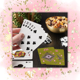 Hamsa Hand with Evil Eye and Hearts Pink on olive Playing Cards