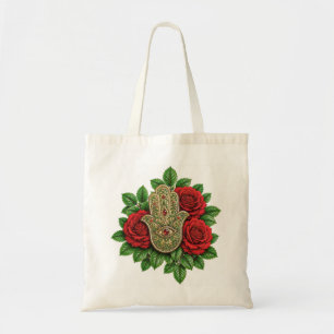 Hamsa Hand with Red Roses Ruby Evil Eye Floral Tote Bag