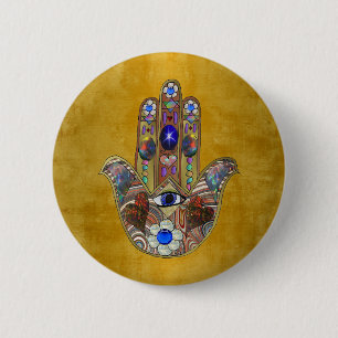 Hamsa Hearts Flowers Opal Art on Gold 6 Cm Round Badge