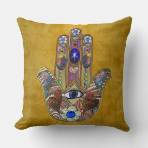 Hamsa Hearts Flowers Opal Art on Gold Cushion