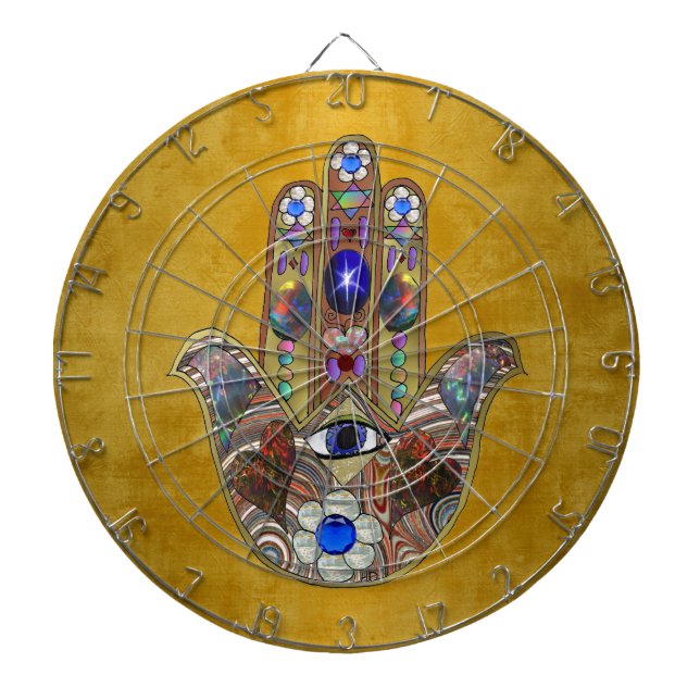 Hamsa Hearts Flowers Opal Art on Gold Dartboard (Front)