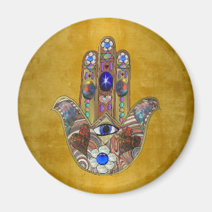 Hamsa Hearts Flowers Opal Art on Gold Magnet