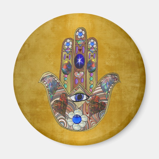 Hamsa Hearts Flowers Opal Art on Gold Magnet (Front)