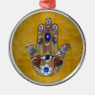 Hamsa Hearts Flowers Opal Art on Gold Metal Ornament