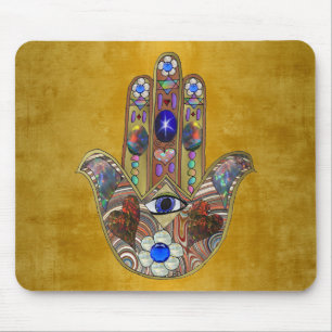 Hamsa Hearts Flowers Opal Art on Gold Mouse Pad