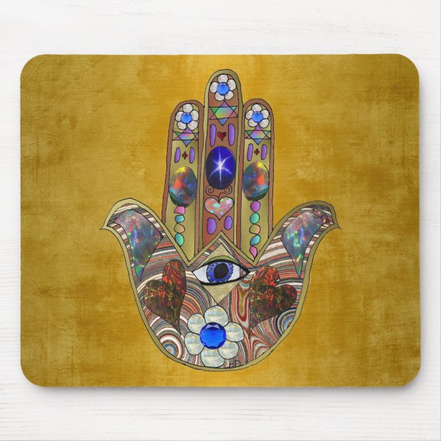 Hamsa Hearts Flowers Opal Art on Gold Mouse Pad (Front)