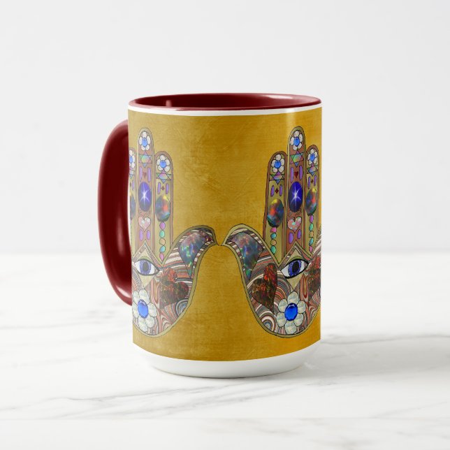Hamsa Hearts Flowers Opal Art on Gold Mug (Front Left)