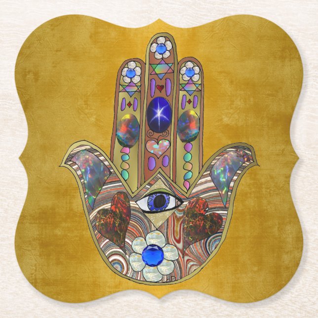 Hamsa Hearts Flowers Opal Art on Gold Paper Coaster (Front)