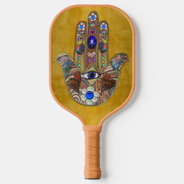 Hamsa Hearts Flowers Opal Art on Gold Pickleball Paddle (Front)