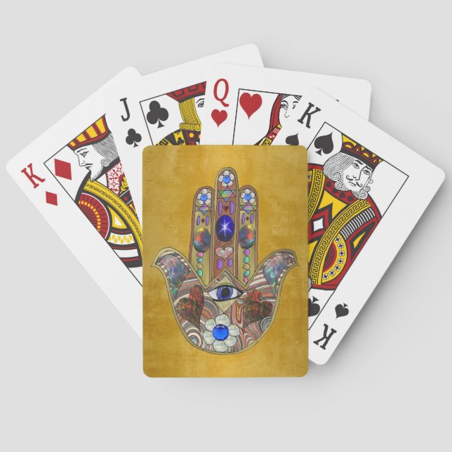 Hamsa Hearts Flowers Opal Art on Gold Playing Cards (Back)