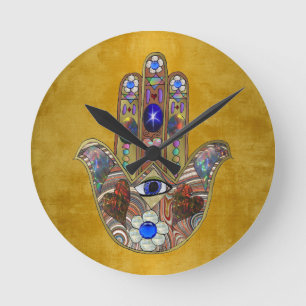 Hamsa Hearts Flowers Opal Art on Gold Round Clock