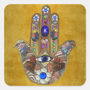 Hamsa Hearts Flowers Opal Art on Gold Square Sticker