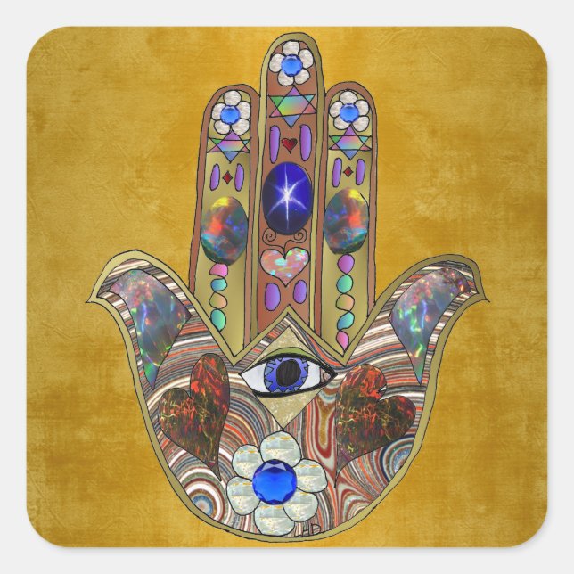 Hamsa Hearts Flowers Opal Art on Gold Square Sticker (Front)