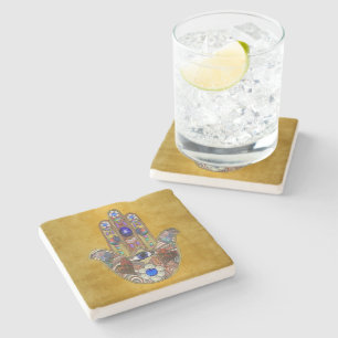 Hamsa Hearts Flowers Opal Art on Gold Stone Coaster