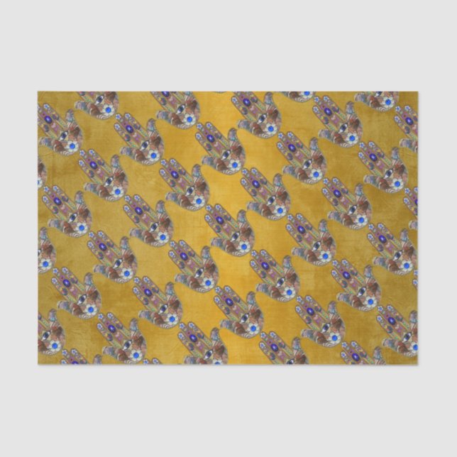 Hamsa Hearts Flowers Opal Art on Gold Tissue Paper (Front)