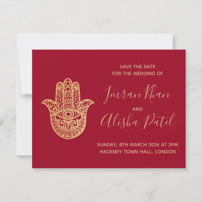 hamsa Henna Gold Red Desi Wedding Invitation (Front)