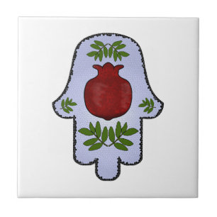 Hamsa, Pomegranate, Light Blue, Stained Glass Zazz Ceramic Tile