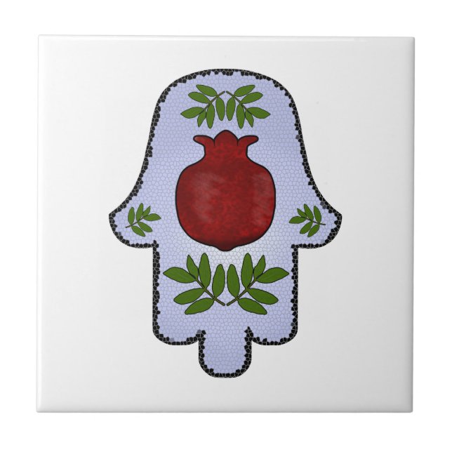 Hamsa, Pomegranate, Light Blue, Stained Glass Zazz Ceramic Tile (Front)