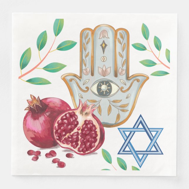 Hamsa Pomegranate Star of David Jewish Celebration Napkin (Front)