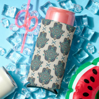 Hamsa Turquoise Blue Modern Mandala Seltzer Can Cooler