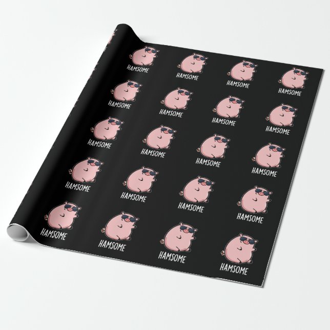 Hamsome Funny Pig Pun Dark BG Wrapping Paper (Unrolled)