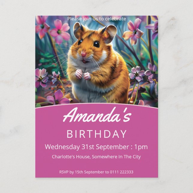 Hamster among Pink Flowers Birthday Party Invitation Postcard (Front)