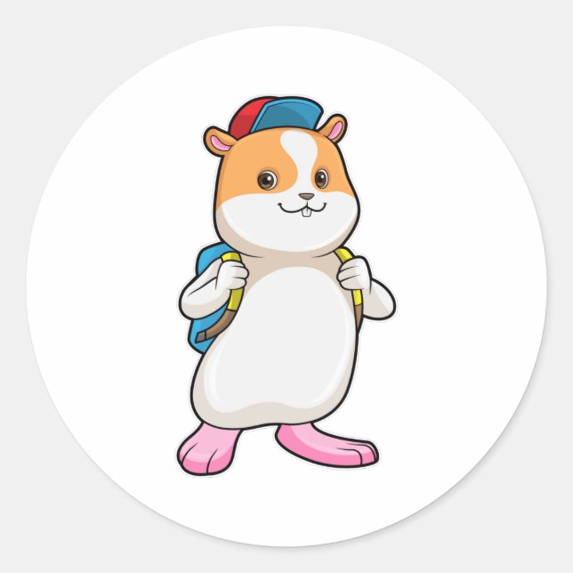 Hamster as Student with Backpack & Cap Classic Round Sticker (Front)