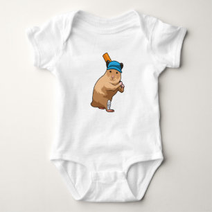Hamster at Cricket with Cricket bat Baby Bodysuit