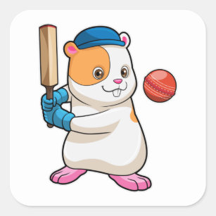 Hamster at Cricket with Cricket bat & Cap Square Sticker