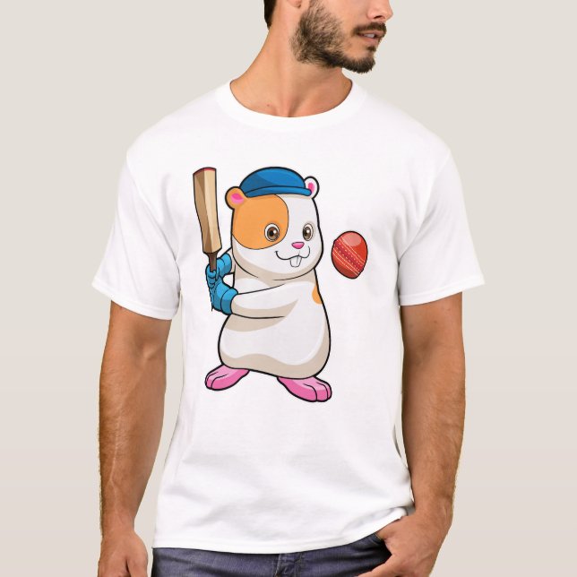 Hamster at Cricket with Cricket bat & Cap T-Shirt (Front)