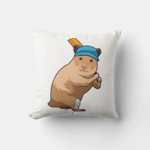 Hamster at Cricket with Cricket bat Cushion