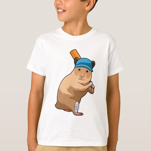 Hamster at Cricket with Cricket bat T-Shirt (Front)