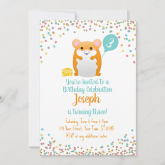 Hamster Birthday Party Invitation Blue Confetti