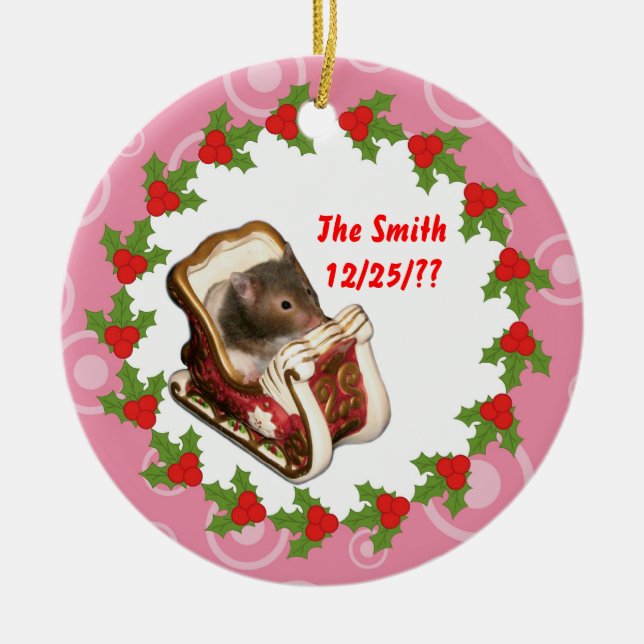 Hamster in a sled ceramic tree decoration (Front)