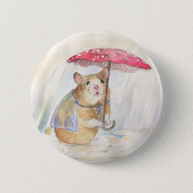 Hamster in the Rain- Funny Mushroom 6 Cm Round Badge (Front)