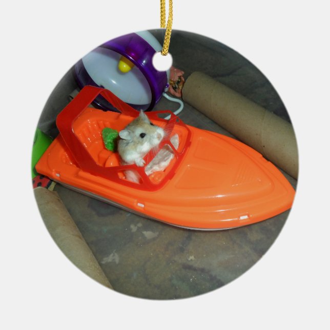 Hamster on a boat ceramic tree decoration (Front)